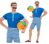 1920s Bathing Suit + Hat Mens Fancy Dress Adult Beach Swimming Costume New