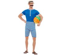 1920s Bathing Suit + Hat Mens Fancy Dress Adult Beach Swimming Costume New
