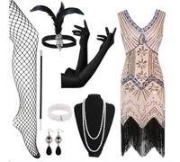1920s Dresses for Women, Flapper Dress with Sequins Beaded Fringed Mesh Stockings, 20s Accessories Mafia Costume Ladies
