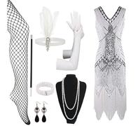 1920s Dresses for Women, Flapper Dress with Sequins Beaded Fringed Mesh Stockings, 20s Accessories Mafia Costume Ladies