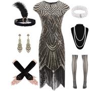 1920s Dresses for Women, Flapper Dress with Sequins Beaded Fringed Mesh Stockings, 20s Accessories Mafia Costume Ladies