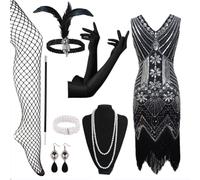1920s Dresses for Women, Flapper Dress with Sequins Beaded Fringed Mesh Stockings, 20s Accessories Mafia Costume Ladies