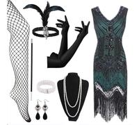 1920s Dresses for Women, Flapper Dress with Sequins Beaded Fringed Mesh Stockings, 20s Accessories Mafia Costume Ladies