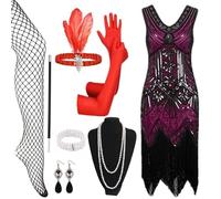1920s Dresses for Women, Flapper Dress with Sequins Beaded Fringed Mesh Stockings, 20s Accessories Mafia Costume Ladies