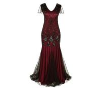 1920s Dresses for Women Gatsby Flapper Dresses Vintage V Neck Beaded Sequin Mermaid Hem Dress Formal Evening Party Dress Plus Size Cocktail Maxi Gown Prom Halloween Fancy Dress Costume Wine