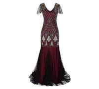 1920s Dresses for Women Gatsby Flapper Dresses Vintage V Neck Beaded Sequin Mermaid Hem Dress Formal Evening Party Dress Plus Size Cocktail Maxi Gown Prom Halloween Fancy Dress Costume Red