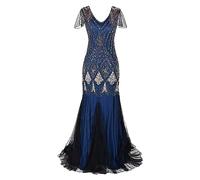 1920s Dresses for Women Gatsby Flapper Dresses Vintage V Neck Beaded Sequin Mermaid Hem Dress Formal Evening Party Dress Plus Size Cocktail Maxi Gown Prom Halloween Fancy Dress Costume Blue