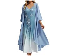 1920S Dresses For Women Office Dresses For Women Uk Night Dress Women Uk Crew Neck Floral Print Chiffon Dresses 2 Piece Set Dresses Midi Dresses Ladies Dress (Blue, L)