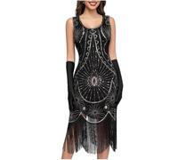 1920s Dresses for Women Sequin Dress 1920s Flapper Dress Gatsby Accessories Set Roaring 20's Theme Set Sequin Fringed Gatsby Flapper Cocktail Dresses with 20s Accessories Sets Headband Gloves