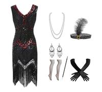 1920s Dresses for Women, Sequin Fringed Gatsby Flapper Cocktail Dresses 1920s with 20s Accessories Set, Roaring 20s Costumes