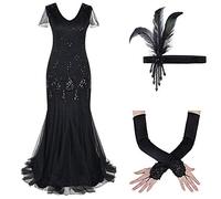 1920s Dresses for Women - Vintage V Neck Art Deco Beaded Sequin Mermaid Hem Flapper Dress with Gloves Headband 20s Accessories Set Formal Evening Party Dresses Cocktail Maxi Gown Prom Costume