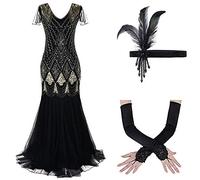 1920s Dresses for Women - Vintage V Neck Art Deco Beaded Sequin Mermaid Hem Flapper Dress with Gloves Headband 20s Accessories Set Formal Evening Party Dresses Cocktail Maxi Gown Prom Costume