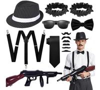 1920s Fancy Dress Accessories Set - Black White Gangster Hat Kit with Suspenders Bow Tie Glasses Armbands and Moustaches, Vintage Costume Outfit for Men Cosplay Theme Party Halloween Carnival