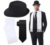 1920s Fancy Dress Accessories Set, Vintage Hat for Theme Party Halloween | White Scarf and Black Tie, Roaring Twenties Gangster Costume Outfit for Men