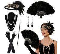1920s Flapper Accessories Set for Women, Great Gatsby Costume Accessories | Feather Fan Headband Gloves Pearl Necklace Earrings for Ladies Roaring 20s Vintage Party Carnival Halloween