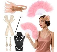 1920s Flapper Accessories Set for Women, Great Gatsby Costume Accessories | Feather Fan Headband Gloves Pearl Necklace Earrings for Ladies Roaring 20s Vintage Party Carnival Halloween