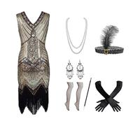1920s Flapper Costume Set for Women, Great Gatsby Style Fringed Dress with Feather Headband, Pearl Necklace, Gloves & Accessories, Ideal for Roaring 20s Themed Parties, Halloween, Carnival & Prom