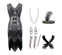1920s Flapper Costume Set for Women, Great Gatsby Style Fringed Dress with Feather Headband, Pearl Necklace, Gloves & Accessories, Ideal for Roaring 20s Themed Parties, Halloween, Carnival & Prom