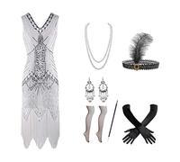 1920s Flapper Costume Set for Women, Great Gatsby Style Fringed Dress with Feather Headband, Pearl Necklace, Gloves & Accessories, Ideal for Roaring 20s Themed Parties, Halloween, Carnival & Prom