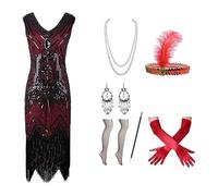 1920s Flapper Dress & Accessories Set for Women, Great Gatsby Fringed Sequin Costume with Gloves/Socks/Headband/Jewellery Dress with Sequins Beaded Fringed Stockings, Accessories Costume Ladies