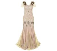 1920s Flapper Dress for Women Sexy V Neck Beaded Fringed Great Gatsby Roaring 20s Fancy Dress Costume Vintage Plus Size Cocktail Party Formal Prom Bridesmaid Long Maxi Gown Apricot + Gold Small