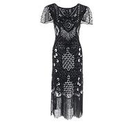 1920s Flapper Dress for Women UK Vintage Sequin Fringe Beaded Art Deco Fancy Dress with Sleeve for Party Prom Ladies 1920's Cocktail Party Sequin Tassel Dress