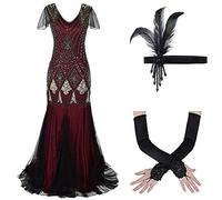 1920s Flapper Dress for Women - Vintage V Neck Art Deco Beaded Sequin Mermaid Hem Fancy Dress with Gloves Headband 20s Accessories Set Formal Evening Party Dresses Cocktail Maxi Gown Prom Costume