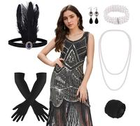 1920s Flapper Dress with Accessories - Pure Black Gold S