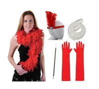 1920s Flapper Feather Headband Necklace Set for, Red | 1920s Vintage Rhinestone-Headpiece Long Necklace for Makeup Party Wear Female Women Theme Costume