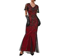 1920s Flapper Fringed Sequin Dress Roaring 20s Fancy Dress Gatsby Costume Maxi Dresses V Neck Short Sleeve Vintage Beaded Evening Dresses for Party Prom Cocktail