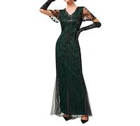1920s Flapper Fringed Sequin Dress Roaring 20s Fancy Dress Gatsby Costume Maxi Dresses V Neck Short Sleeve Vintage Beaded Evening Dresses for Party Prom Cocktail