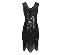 1920s Flapper Gatsby Sequins Fringe v-Neck Long Dress Black Womens Girls 20s Style Fancy Beads Costume Size 14/16 (Black, UK 14-16)