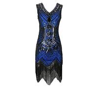 1920s Flapper Gatsby Sequins Fringe v-Neck Long Dress Blue Womens 20s Style Fancy Beads Costume Size 10/12 (Blue, UK 10-12)