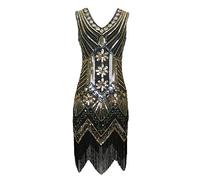 1920s Flapper Gatsby Sequins Fringe v-Neck Long Dress Golden Womens 20s Style Fancy Beads Costume Size 10/12 (Gold, UK 10-12)