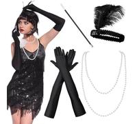 1920s Flapper Great Gatsby Accessories Set, Roaring 20's Theme for Women with Headband Headpiece Pearl Necklace Handheld Prop Black Gloves Fancy Dress Retro Carnival Festival Halloween Christmas