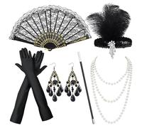 1920s Flapper Great Gatsby Accessories Set,Roaring 20's Theme for Women with Headband Pearl Necklace Handheld Prop Black Gloves Earrings Lace Folding Fan Fancy Dress Retro Carnival Festival Christmas