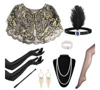 1920s Flapper Great Gatsby Accessories Set,Roaring 20's Theme Set with Shawl Headband Long Gloves Necklace Earrings Handheld Prop,1920s Flapper Costume Vintage Accessories for Women Ladies (Style 5)
