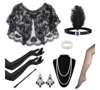 1920s Flapper Great Gatsby Accessories Set,Roaring 20's Theme Set with Shawl Headband Long Gloves Necklace Earrings Handheld Prop,1920s Flapper Costume Vintage Accessories for Women Ladies (Style 4)