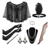 1920s Flapper Great Gatsby Accessories Set,Roaring 20's Theme Set with Shawl Headband Long Gloves Necklace Earrings Handheld Prop,1920s Flapper Costume Vintage Accessories for Women Ladies (Style 2)