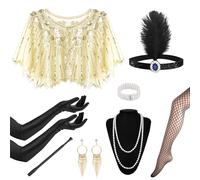 1920s Flapper Great Gatsby Accessories Set,Roaring 20's Theme Set with Shawl Headband Long Gloves Necklace Earrings Handheld Prop,1920s Flapper Costume Vintage Accessories for Women Ladies (Style 3)