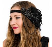 1920s Flapper Headband Gatsby Feather Crystal Headpiece Black Gold Adult UK