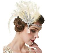 1920s Flapper Headband Headpiece Great Gatsby Accessories Women Gatsby Headband Roaring Fascinator White Peacock Feather Headpiece Girls Vintage Themed Party Costume Hat Silver Flapper Pearl Tassel