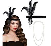 1920s Flapper Headband & Necklace Set - Faux Pearls, Beaded & Feathered Gatsby Costume Accessories
