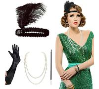 1920s Flapper Headband Set Vintage Feather Headpiece with Necklace Cigarette Rod and Long Black Gloves 20s Theme Party Accessories for Women Costume Prom Wedding Carnival Party