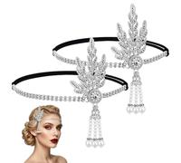 1920s Flapper Headband Women, Rhinestone Pearl Tassel Flapper Headpiece, Vintage Roaring 20s Hair Accessories Art Deco Leaf Headband for Gatsby Party, 1920s Costume Fancy Dress Accessories (Silver)