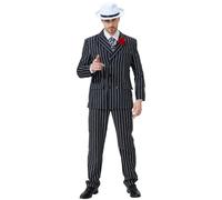 1920s Gangster Costume for Men, 5 Pcs Pinstripe Mobster Halloween Suit Set | Classic Retro Mafia Outfit, 6 Sizes for Most Adults, Relaxed Fit, for Speakeasy, Roaring 20s Parties & Dress Up Events