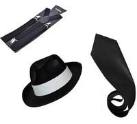 1920s Gangster Costume Set Trilby Hat Tie Braces Mobster Al Capone Fancy Dress (Black Set)