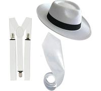 1920s Gangster Costume Set Trilby Hat Tie Braces Mobster Al Capone Fancy Dress (White Set)