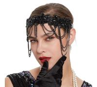 1920s Gatsby Accessories for Women 1920s Headband Great Gatsby Flapper Headpiece Black Roaring Vintage Headband Girls Headpiece Chain Fascinator for 20s Gatsby Themed Party Costume Hair Accessory