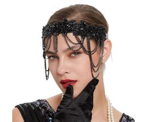 1920s Gatsby Accessories for Women 1920s Headband Great Gatsby Flapper Headpiece Black Roaring Vintage Headband Girls Headpiece Chain Fascinator for 20s Gatsby Themed Party Costume Hair Accessory